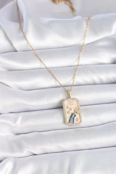 316L Çelik Gold Renk Zincir Kova Burcu Zirkon Taşlı Kadın Ke - Resim 2