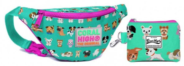 Coral High Sevimli Köpekler Baskılı Bel Çantası Seti - Yeşil