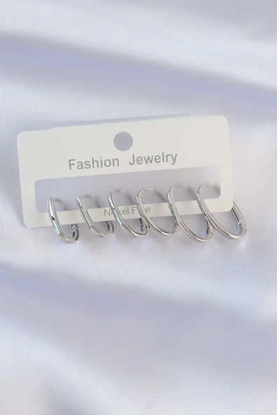 Pirinç Gümüş Renk İnce Oval Küpe Seti ürün görseli 1