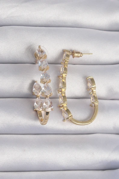 Pirinç Gold Renk Damla Zirkon Taş Tasarımlı Küpe ürün görseli 1