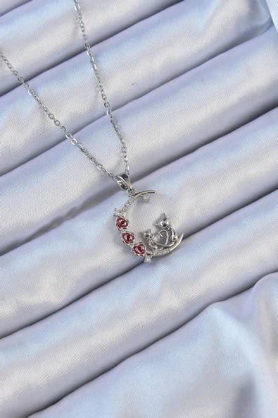 316L Çelik Zincir Gümüş Renk Kırmızı Gül Detay Kedi Figür Zirkon Taşlı Ay Ke ürün görseli 1
