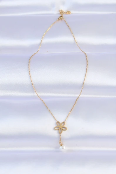 316L Çelik Zincir Gold Renk İnci Detay Çiçek Ke - 2