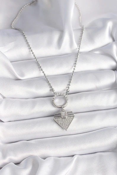 316L Çelik Gümüş Renk Topçuk Zincir Zirkon Taşlı Üçgen Model Kadın Ke - Resim 2