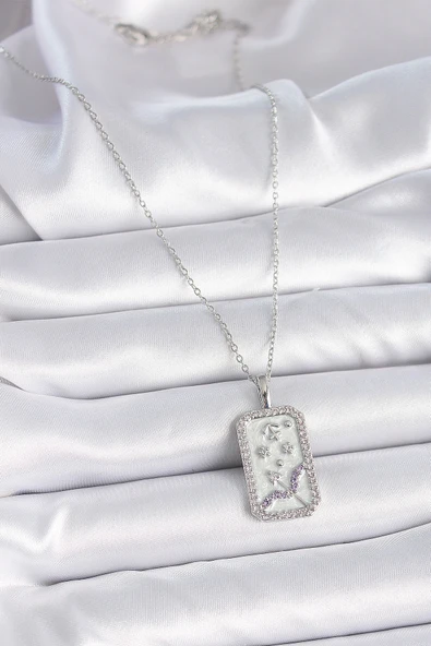 316L Çelik Gümüş Renk Zincir Yay Burcu Zirkon Taşlı Kadın Ke - 2