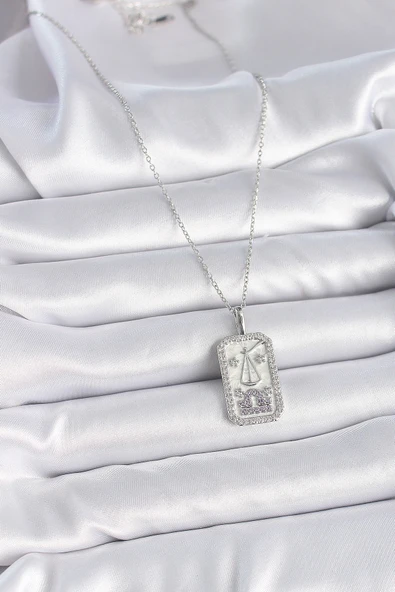 316L Çelik Gümüş Renk Terazi Burcu Zirkon Taşlı Kadın Ke - Resim 2