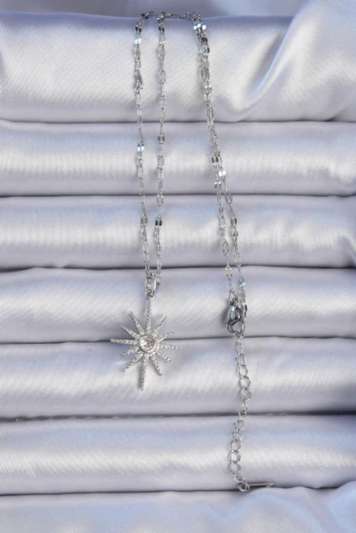 316L Çelik Zincir Gümüş Renk Zirkon Taşlı Kutup Yıldızı Ke - Resim 2