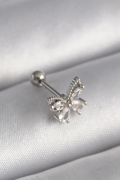 316L Çelik Gümüş Renk Zirkon Taşlı  Tragus Piercing