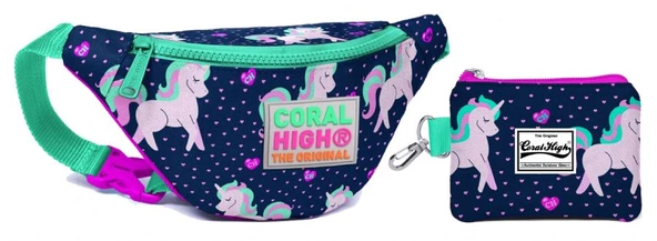 Coral High Unicorn Baskılı Bel Çantası Seti - Pembe/Yeşil