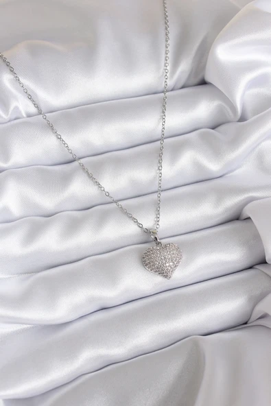 316L Çelik Zincir Gümüş Renk Zirkon Taş Detay Kalp Model Kadın Ke - 2