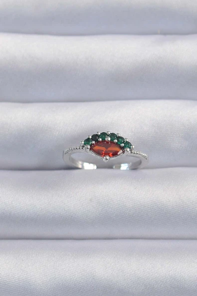 Pirinç Gümüş Renk Renkli Zirkon Taşlı Ayarlanabilir Karpuz Model Yüzük ürün görseli 1