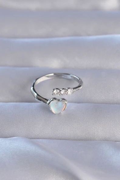 Pirinç Gümüş Renk Zirkon Taşlı Sedefli Kalp Model Ayarlanabilir Yüzük - 2