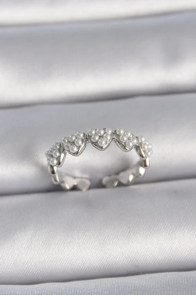 Pirinç Gümüş Renk Ayarlanabilir İncili Kalp Model Kadın Yüzük ürün görseli 1