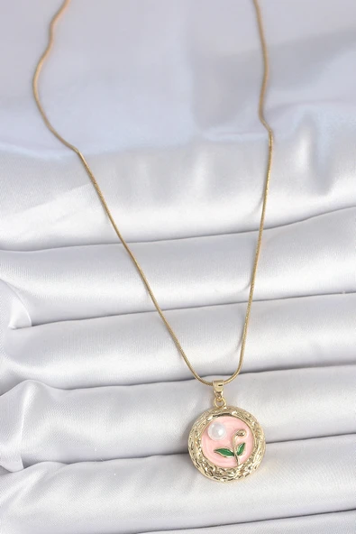 316L Çelik Gold Renk Zincir Pembe Çiçek İşlemeli inci Detay Portre Model Kadın Ke - Resim 2