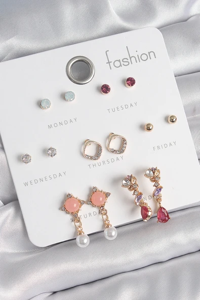 Pirinç Gold Renk Zirkon Taşlı Sallantı İnci Detay 7 Çift Kadın Küpe