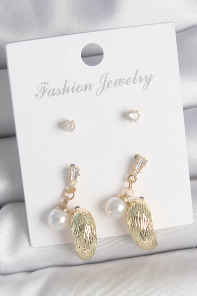 Pirinç Gold Renk Zirkon Taşlı İncili Sallantılı İşlemeli Damla Model 3 Çift Kadın Küpe Seti ürün görseli 1