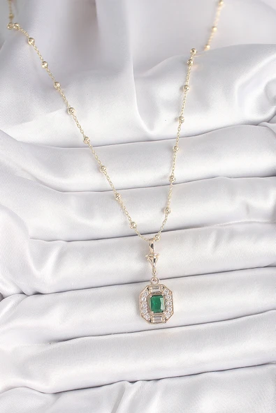 Pirinç Gold Renk Zirkon Taşlı Topçuk Zincir Serenay Model Kadın Ke - Resim 2