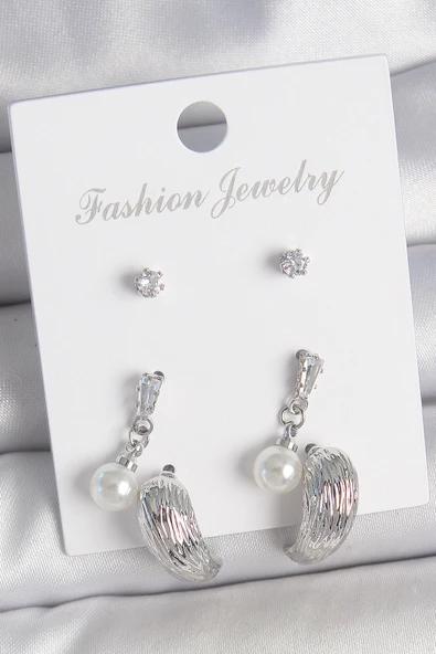 Pirinç Gümüş Renk Sallantılı Zirkon Taşlı Damla Model 3 Çift Kadın Küpe Seti ürün görseli 1