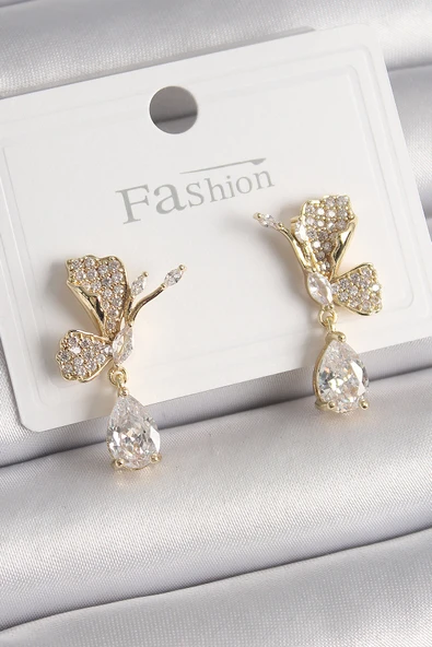 Pirinç Gold Renk Zirkon Taşlı Turna Kuşu Model Sallantı Detay Kadın Küpe ürün görseli 1