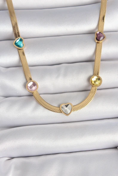 316L Çelik Gold Renk İtalyan Zincir Renkli Zirkon Taşlı Kalp Figür Kadın Ke ürün görseli