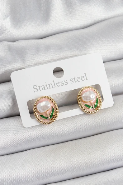 Pirinç Pembe Mineli Lale Figürlü Sanatsal Portre Model Gold Renk Kadın Küpe ürün görseli 1