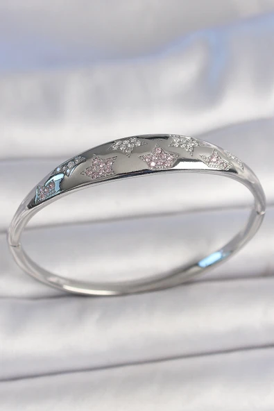 Pirinç Gümüş Renk Zirkon Taşlı Yıldız İşlemeli Kadın Kelepçe