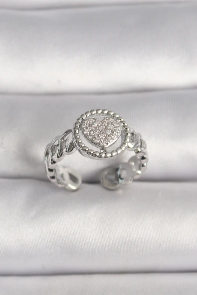 Pirinç Gümüş Renk Zincir Model Zirkon Taşlı Kalp Model Kadın Yüzük ürün görseli 1