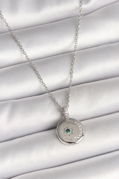 316L Çelik Gümüş Renk Zincir Madalyon Zirkon Taşlı İşlemeli Hilal Yıldız Model Kadın Ke