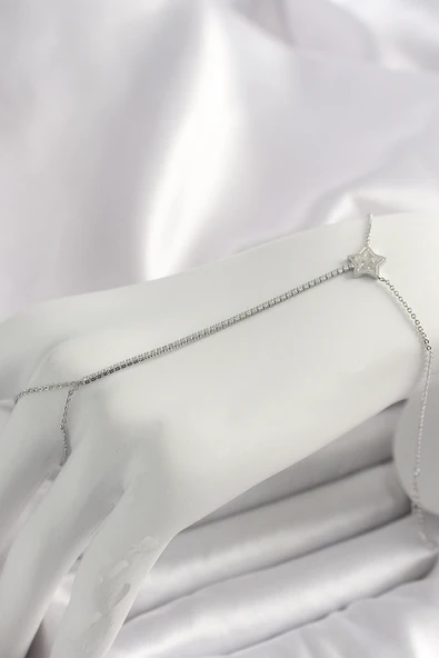 Pirinç Gümüş Renk Su Yolu Zirkon Taşlı Yıldız Model Kadın Şahmeran