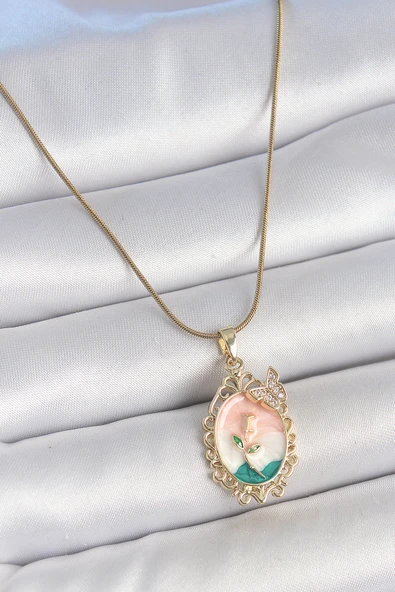 316L Çelik Gold Renk Zincir Mix Renk Çiçek İşlemeli Zirkon Taş Detaylı Portre Model Kadın Ke ürün görseli