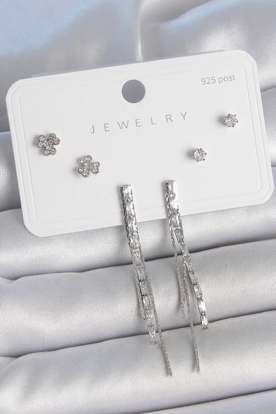 Pirinç Gümüş Renk Su Yolu Zirkon Taşlı Sallantı Model Çiçek Detay 925 Ayar Gümüş Çivi Kadın Küpe Seti ürün görseli 1