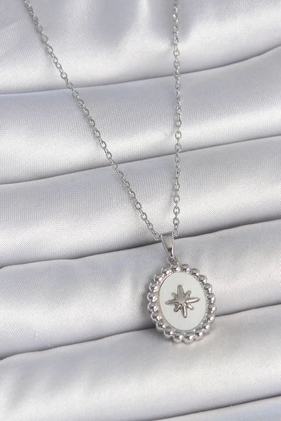 316L Çelik Gümüş Renk Zincir Beyaz Mineli Kutup Yıldız İşlemeli Madalyon Model Kadın Ke ürün görseli