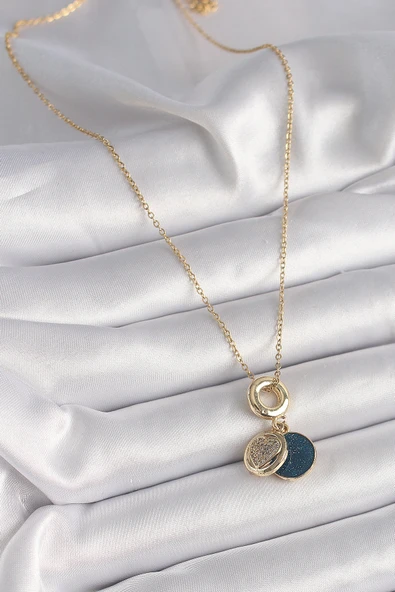 316L Çelik Gold Renk Zincir Zirkon Taşlı Kalp Model Mavi Simli Kadın Ke - Resim 2