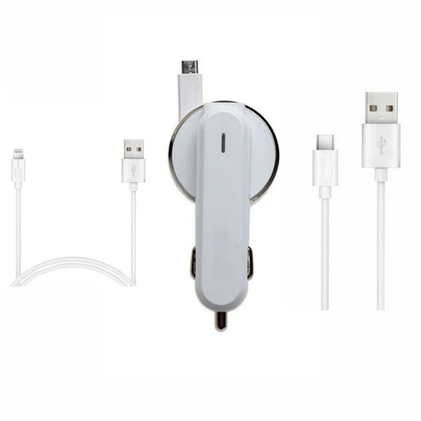PDATeknoloji 3.1A Micro USB Araç Şarj Aleti Kırılmaz Kablo+Lightning Kablo+Type-C Kablo - 1