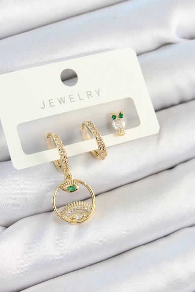 Pirinç Zirkon Taşlı Göz Ve Baykuş Model Gold Renk 3'lü Çift Kadın Küpe Set ürün görseli 1