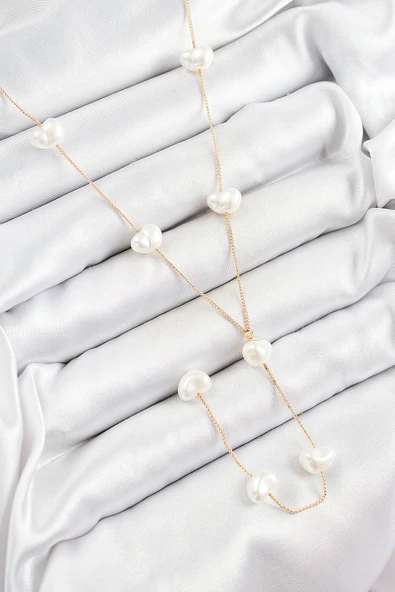 316L Çelik İncili Kalp Figürlü Y Model Gold Renk Kadın Ke