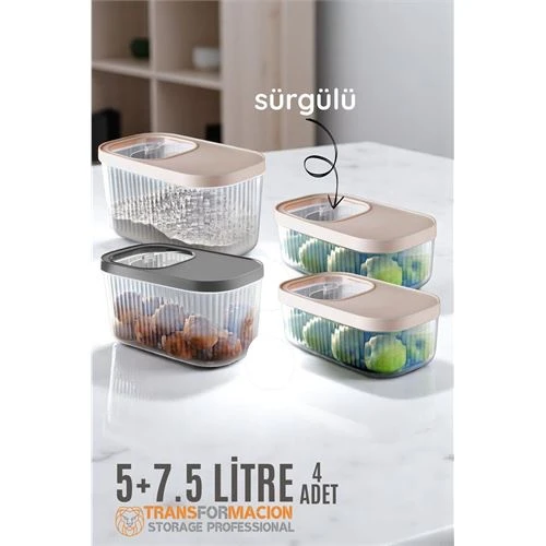 Erzak Bakliyat Kutusu Sürgülü Kapak Saklama Kabı 5 ve 7.5 Litre 4 lü