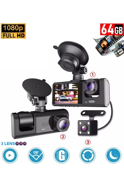 64GB Araç İçi Kamera 3 Kameralı (Yol + Araç İçi+ Arka) FHD Video Kayıt Mikrofonlu Türkçe CC33 - 1