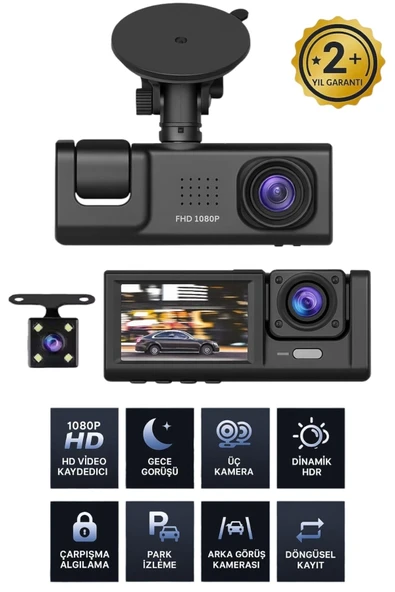 1080p Wifi Full Hd Araç Içi Kamera Arka Ön Iç Kayıt 3 Kamera Gece Görüşlü Gsensör Geniş Açı - 2