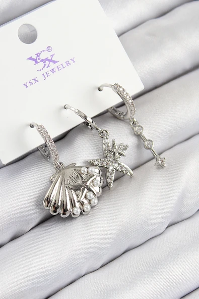 Pirinç Zirkon Taşlı 3'lü Yıldız Ve İstiridye Model Gümüş Renk Kadın Küpe ürün görseli 1