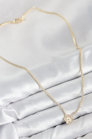 Pirinç Zirkon Taşlı Yonca Model Gold Renk Kadın Ke - Resim 2