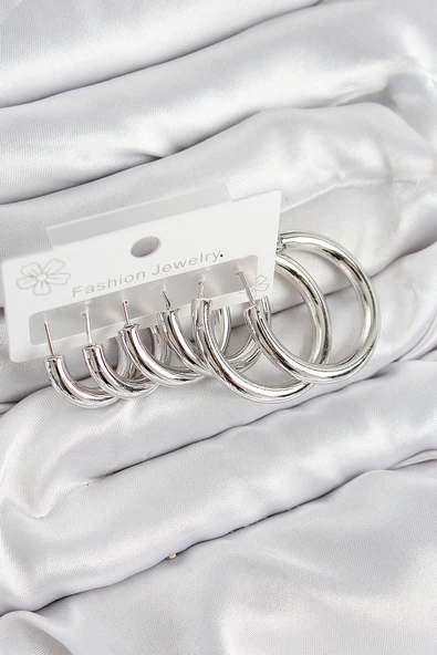 Pirinç Halka Model Gümüş Renk Kadın Set Küpe ürün görseli 1