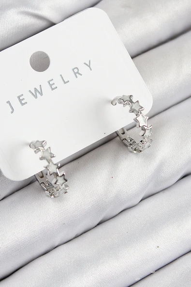 Pirinç Zirkon Taşlı Yıldız Model Gümüş Renk Kadın Küpe ürün görseli 1