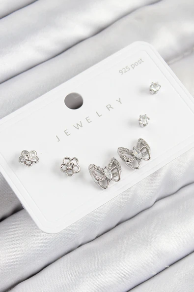 Pirinç Zirkon Taşlı  Model Gümüş Renk 925 Ayar Gümüş Çivi Kadın Küpe Set ürün görseli 1