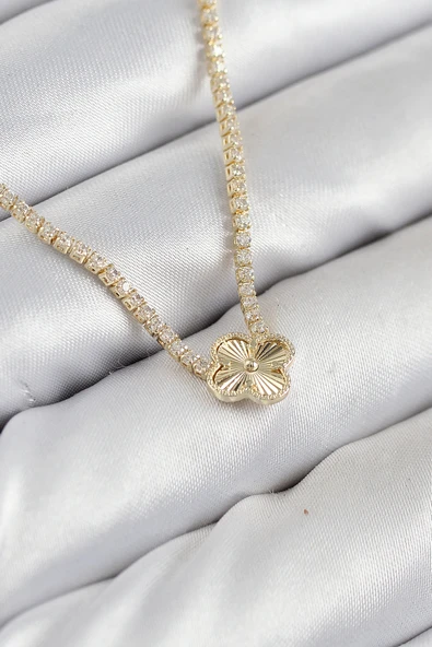 Pirinç Zirkon Taşlı Yonca Model Gold Renk Kadın Ke ürün görseli