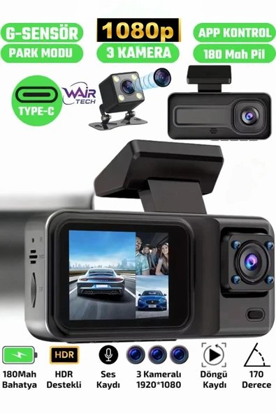 A98 Full Hd 3 Kameralı Araç Içi Güvenlik Kamerası 64gb Uyumlu Ir Gece Görüşü, Önarkaiç Kayıt - 1