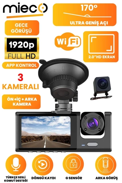 1s Wifi / App /1920p Fhd/ 170° Ultra Geniş Açı/gece Görüş/ Gsensörü 3 Kameralı Araç Kamerası(2025) - 1