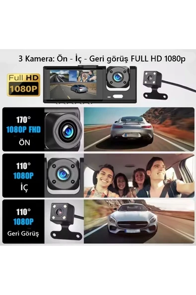 S1 1080p Araç içi Kamera 3 Kameralı ( Ön Görüş  Geri görüş  İç Görüş ) Gece Görüşlü - 2