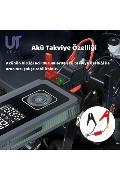 Taşınabilir Şarjlı Ekranlı Akü takviyePowerbankS.O.S ve Kamp Işıklı Lastik Şişirme Hava Kompresörü - 2