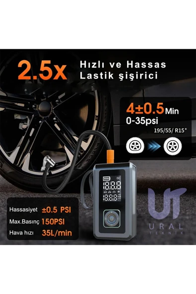 Taşınabilir Şarjlı Ekranlı Akü takviyePowerbankS.O.S ve Kamp Işıklı Lastik Şişirme Hava Kompresörü