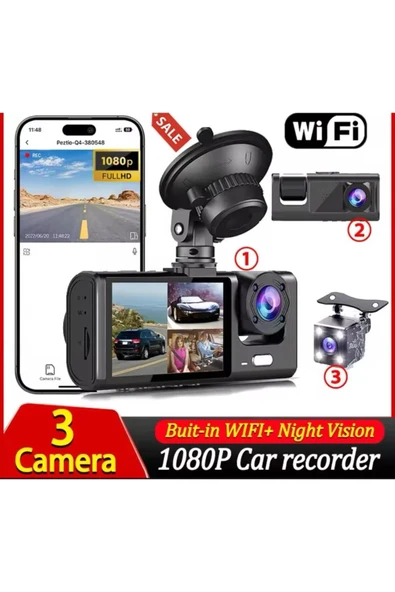 Üç Kameralı Wi‑Fi Araç İçi Kamera – GPS Takip & GSensor Özellikli Güvenlik Çözümü - 1